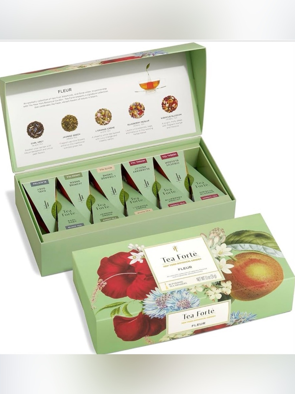 Tea Forte Fleur Tea Sampler, 10 Pyramid Infuser Bags, Premium Tea Gift Set